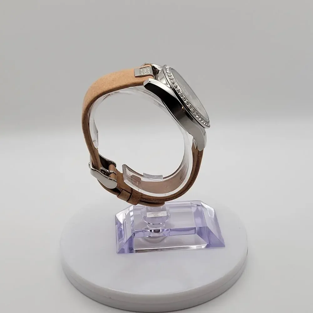Fossil ES-3889 Womens Watch Crystal Bezel Silver Dial Tan Leather Strap New Batt